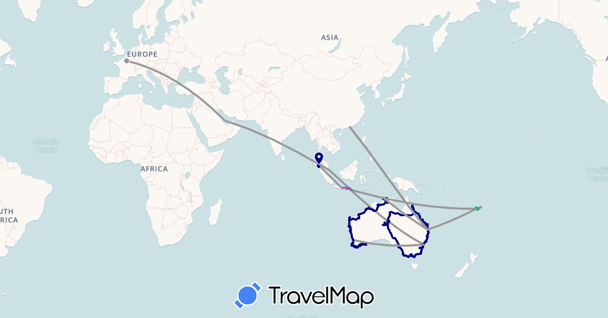 TravelMap itinerary: driving, bus, plane, train, hiking, boat, motorbike in Australia, Fiji, France, Hong Kong, Indonesia, Qatar, Singapore (Asia, Europe, Oceania)